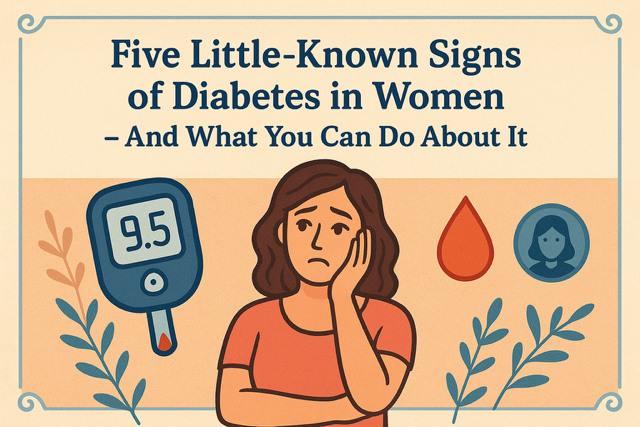 Illustration of a concerned woman surrounded by diabetes-related symbols, including a blood glucose meter reading 9.5, a blood drop, and a female profile icon.