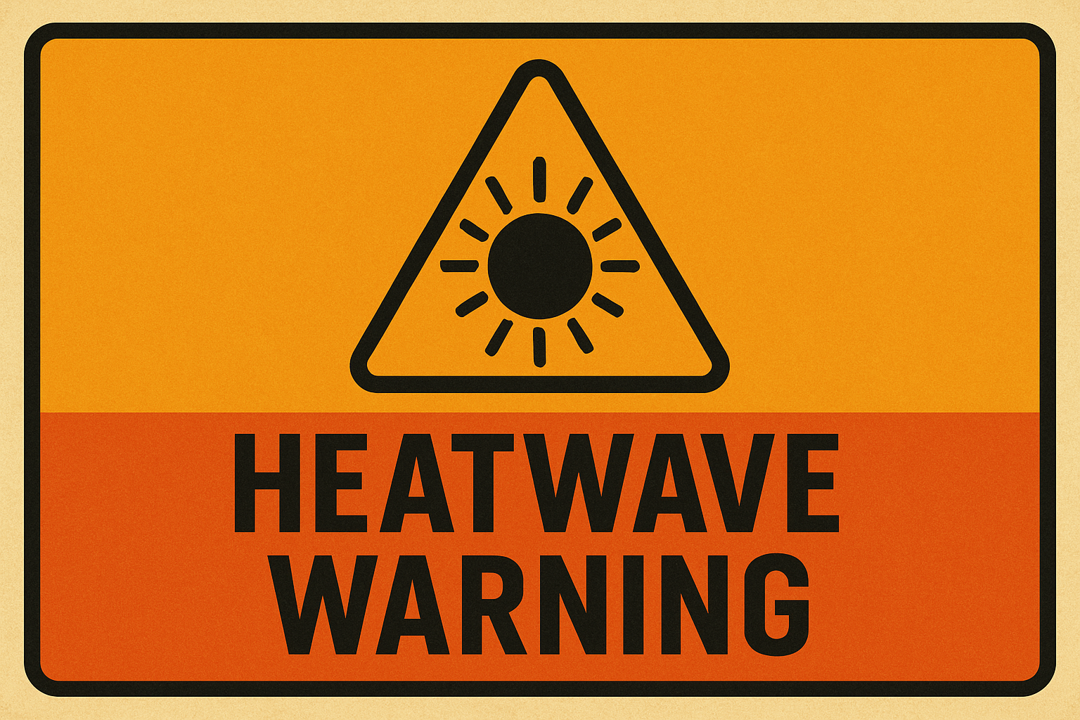 Illustrated warning sign with an orange and red background showing a sun symbol inside a triangle and bold text reading ‘Heatwave Warning.