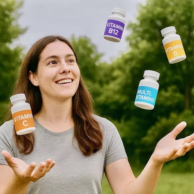 A smiling woman in a grey t-shirt stands outdoors with trees in the background, looking up and to her right as if juggling four floating vitamin bottles: one orange labeled "VITAMIN C", one purple labeled "VITAMIN B12", one yellow labeled "VITAMIN D", and one blue labeled "MULTI. VITAMINS".