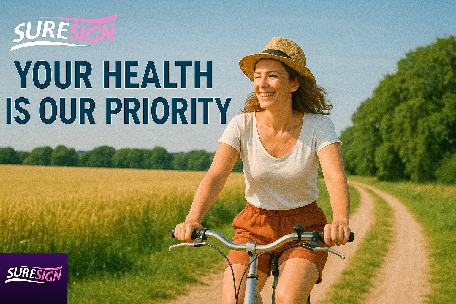 Smiling woman wearing a hat and white shirt rides a bicycle along a sunny countryside path with green fields and trees.
