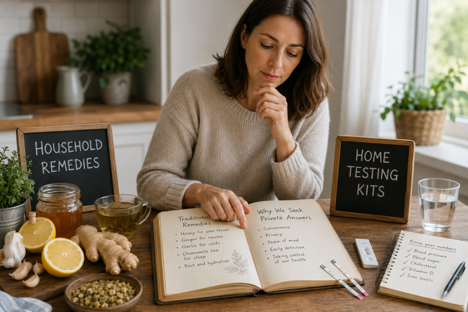 Woman comparing household remedies with modern self-testing kits for private health answers at home.