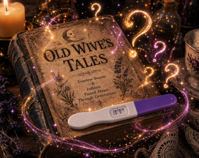 A home pregnancy test placed on an old folklore book, illustrating myths and misconceptions surrounding pregnancy testing.