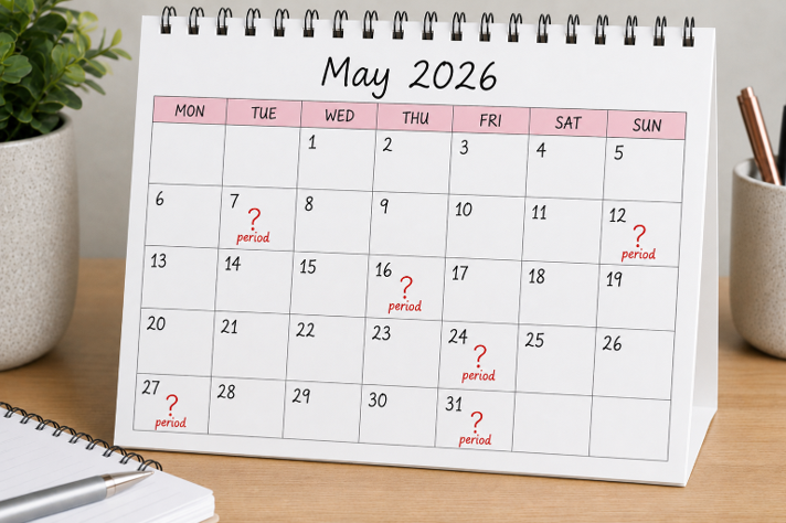 Calendar highlighting irregular menstrual cycles alongside pregnancy test home kits to illustrate testing timing and cycle tracking.