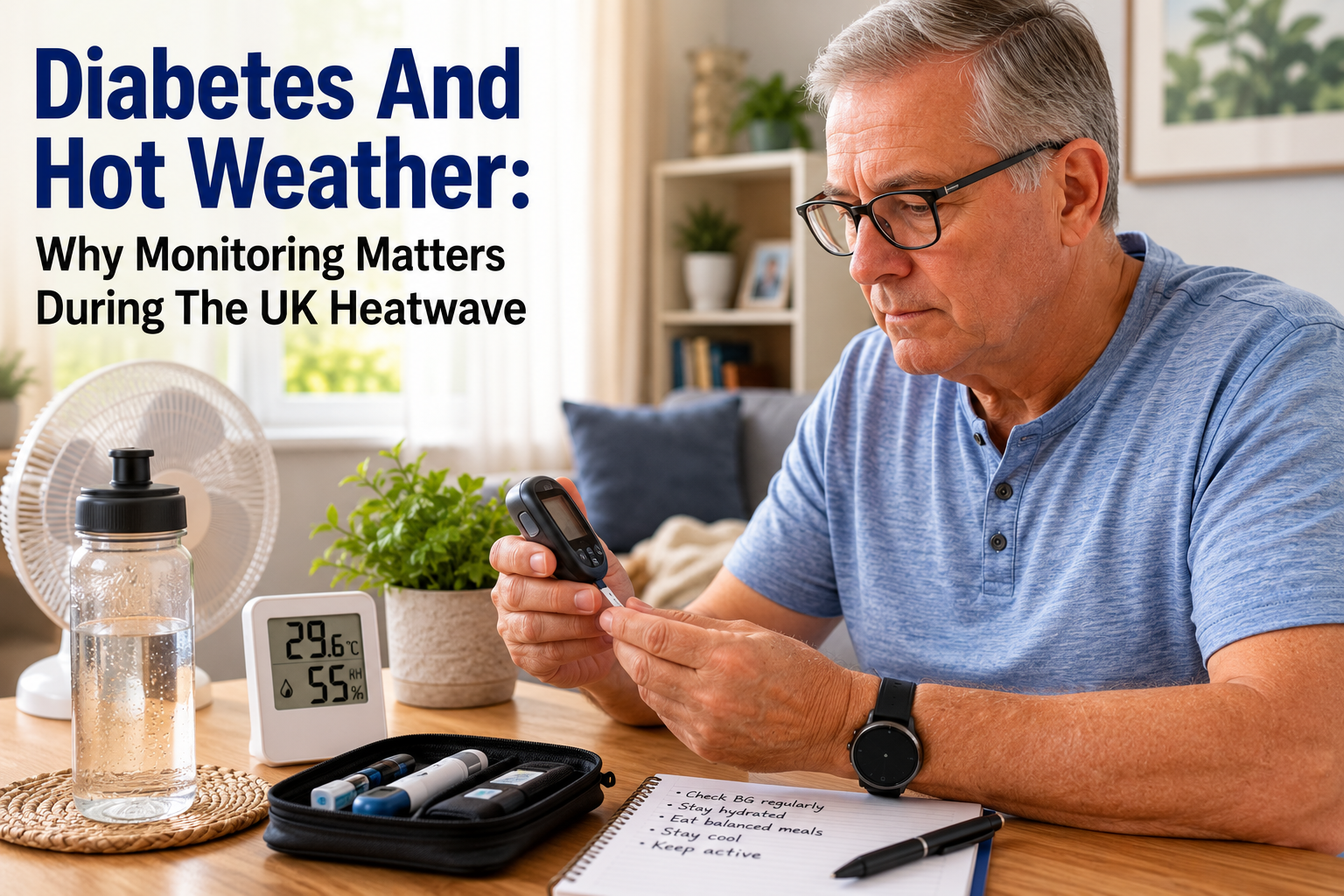 A man sitting at his home using a diabetes test kit UK to monitor blood glucose during hot weather.