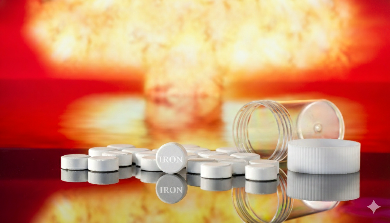 White iron tablets scattered next to an empty pill bottle with a glowing nuclear explosion background, representing radiation protection.