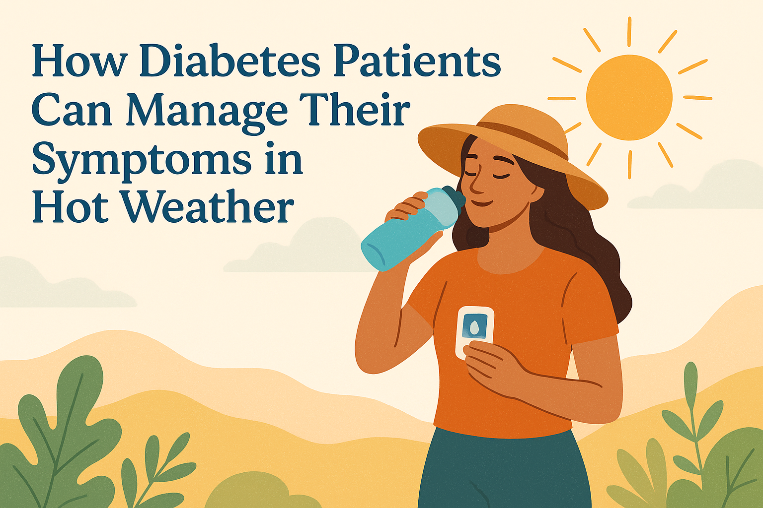 Illustration of a woman with diabetes wearing a sunhat, drinking water, and holding a glucose meter under the summer sun.