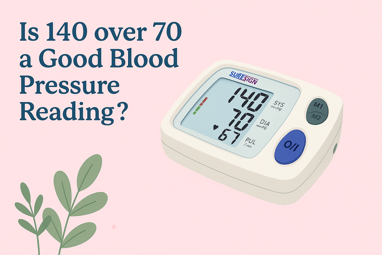Digital blood pressure monitor showing a reading of 140 over 70 with the question “Is 140 over 70 a good blood pressure reading?”.