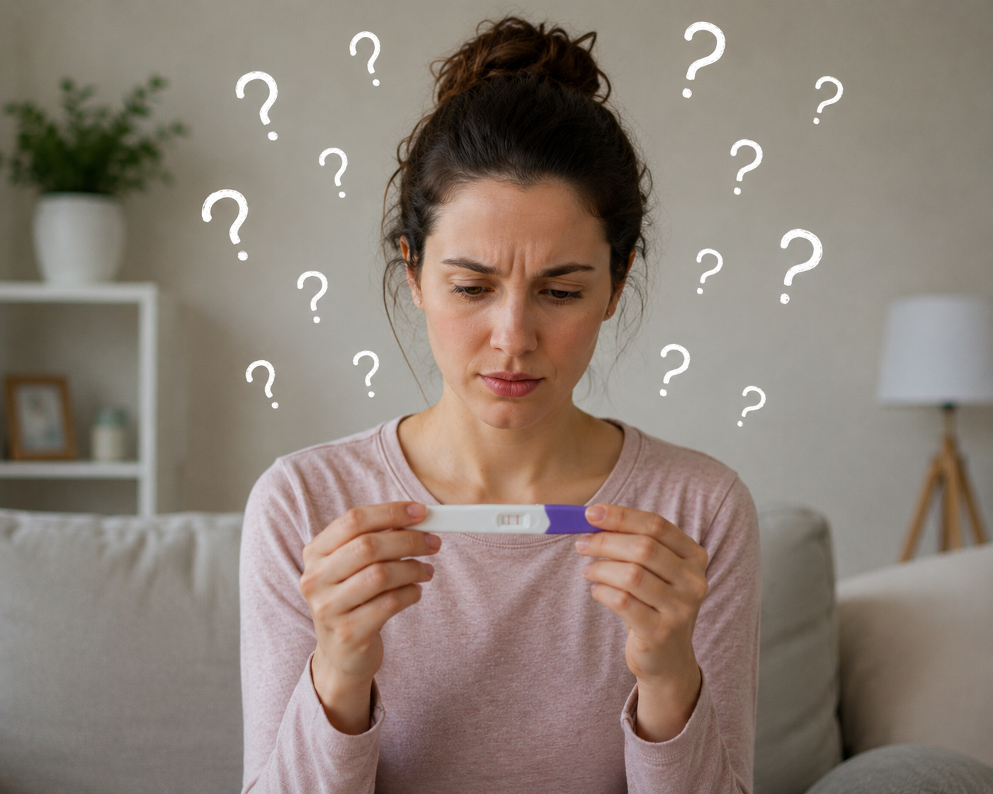 Woman checking the result of a Home pregnancy test while reviewing testing instructions for accurate results.