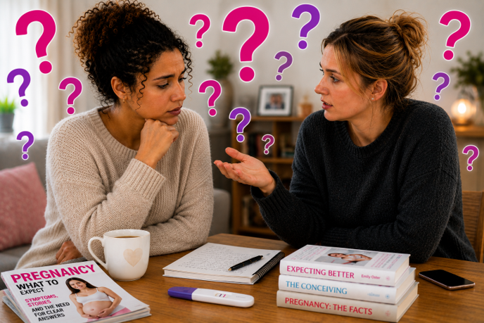 Two women discussing pregnancy symptoms and myths surrounded by question marks, pregnancy books and a test.