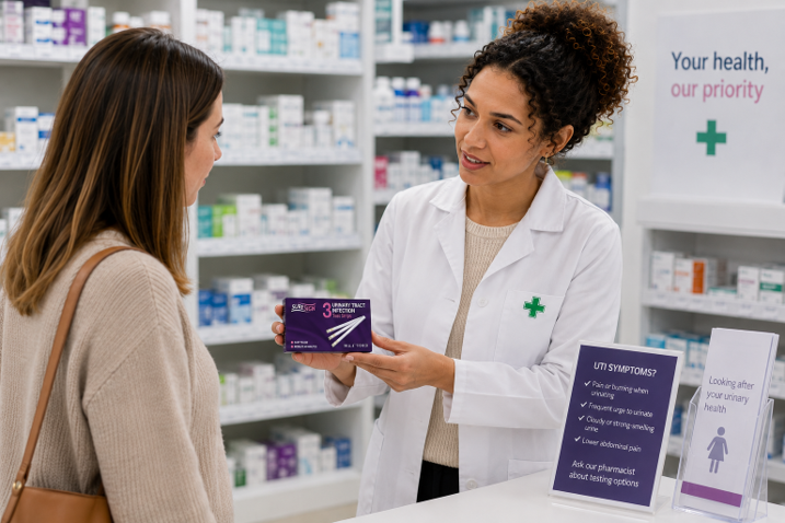 Pharmacist discussing a home testing UTI kit with a customer in a pharmacy.