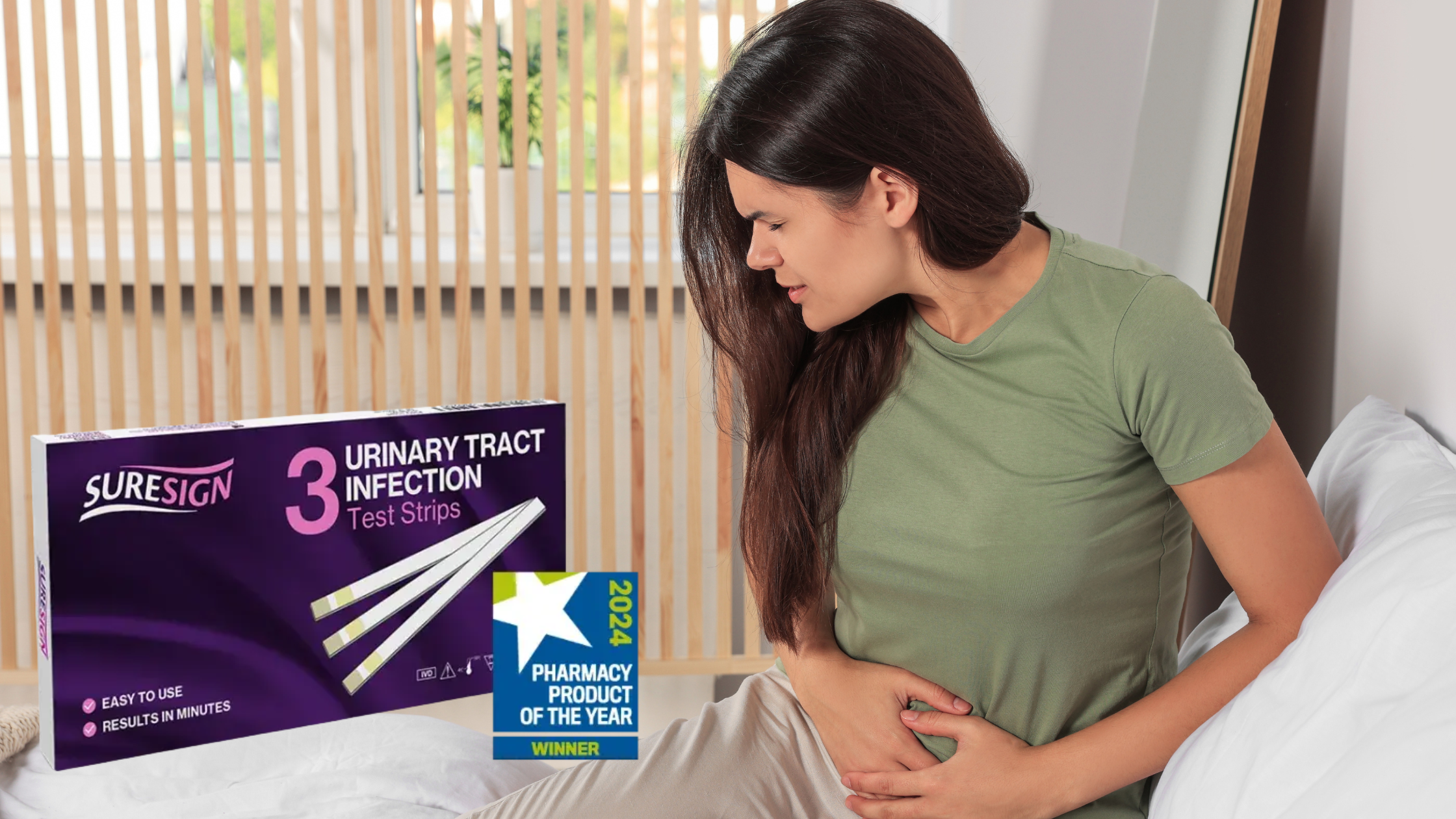 Home UTI test kit and packaging stored in a cupboard for quick access and early detection