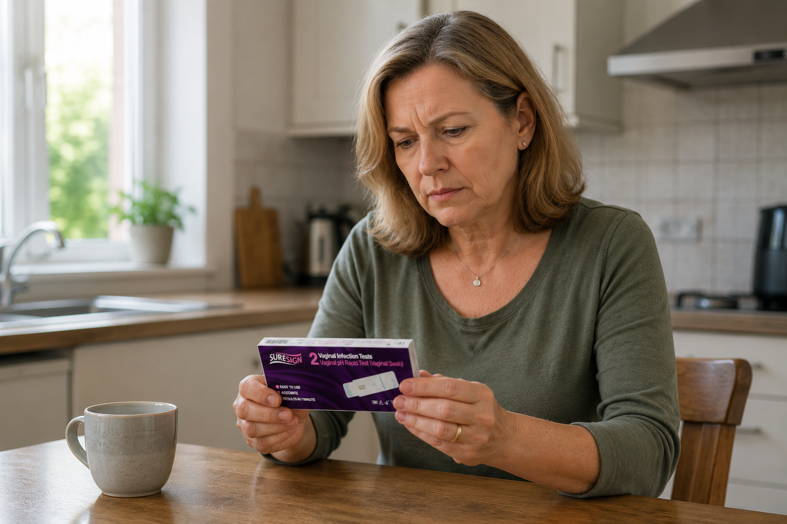 Woman using a UTI test at home to check recurring infection symptoms that could indicate diabetes.