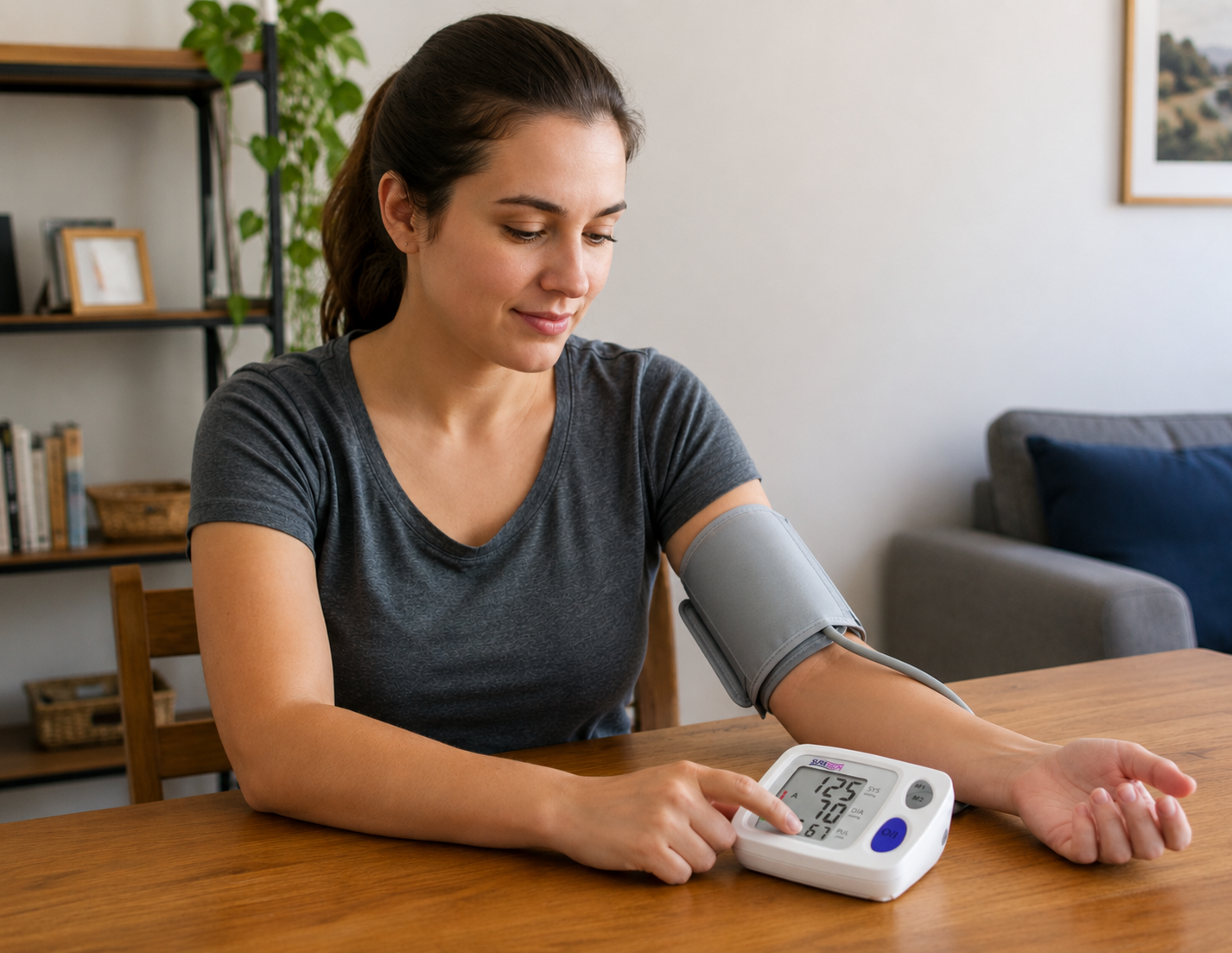 Young woman using one of the Blood pressure monitor kits at home to check and monitor her blood pressure readings.