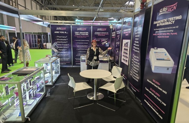 Suresign showcasing self-testing and diagnostic solutions at the Pharmacy Show 2026 exhibition.