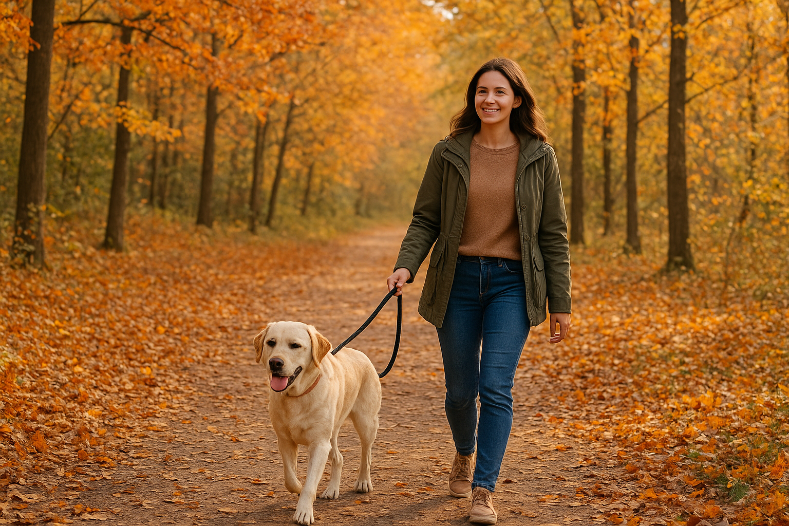Woman walking her dog on a forest path in autumn, illustrating the importance of monitoring iron levels to prevent deficiency.